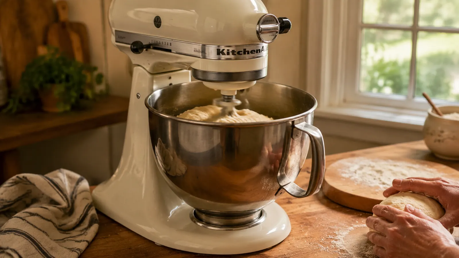 Stand mixer with dough hook attachment working through a large batch of bread dough in a stainless steel bowl on a white kitchen counter