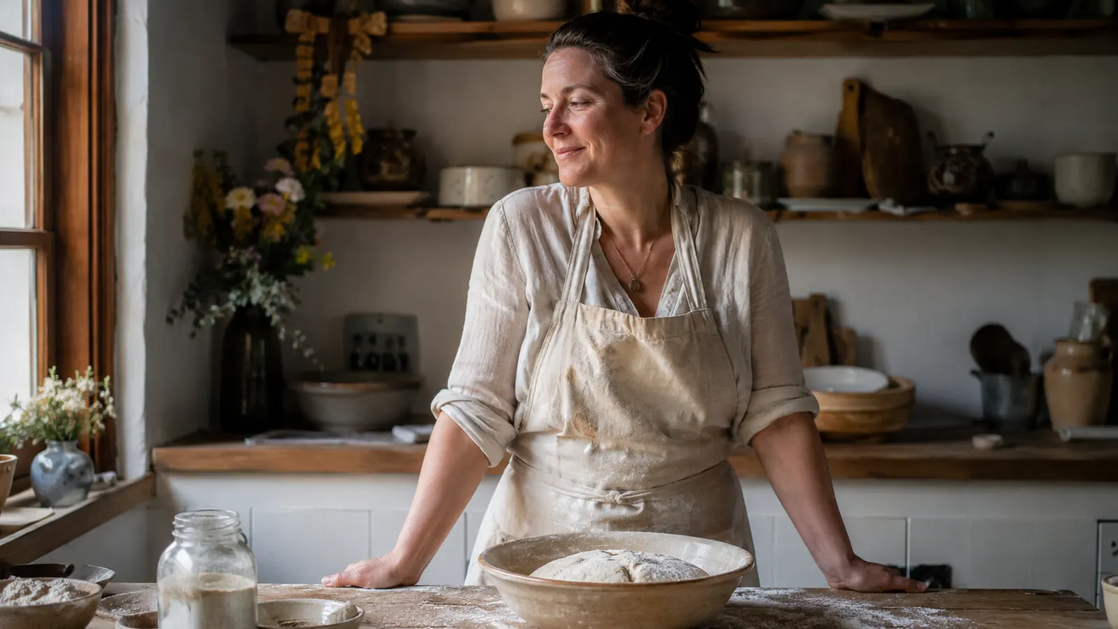 Woman in a flour-dusted apron resting her hands on a kitchen counter with a bowl of bread dough beside her, warm morning light through the window