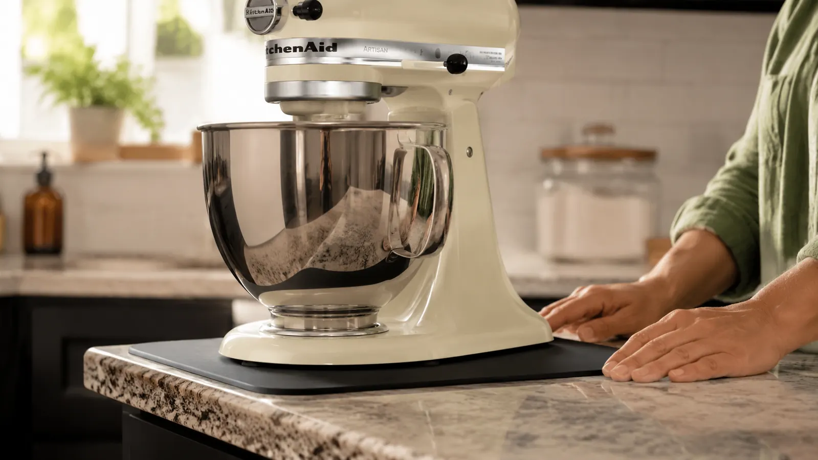 Close-up of the KitchenAid Artisan mixer base showing a non-slip silicone mat underneath, with the machine positioned near the counter edge