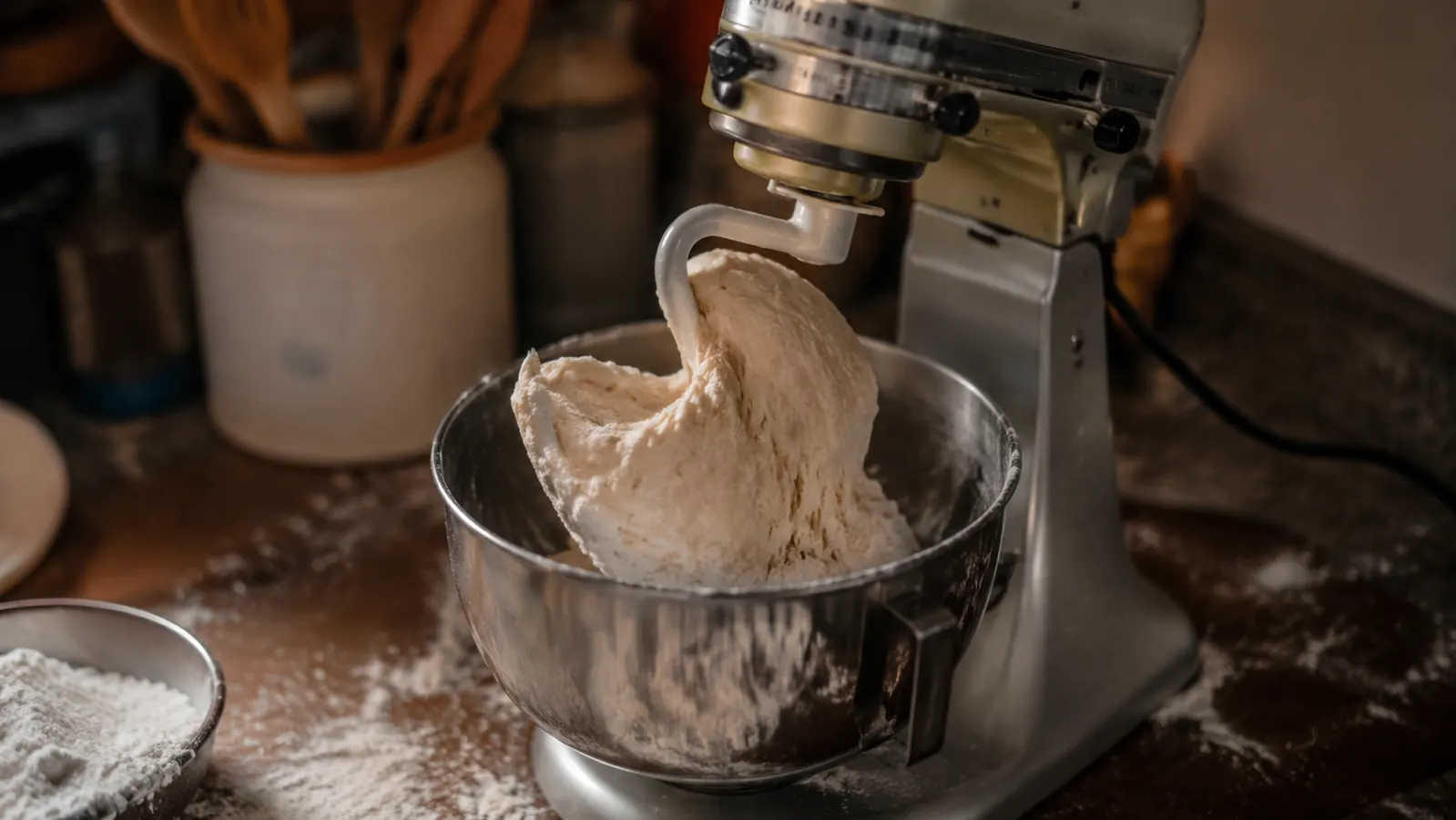 KitchenAid Artisan stand mixer on a kitchen counter with a stiff bread dough twisted around the dough hook, showing real baking use