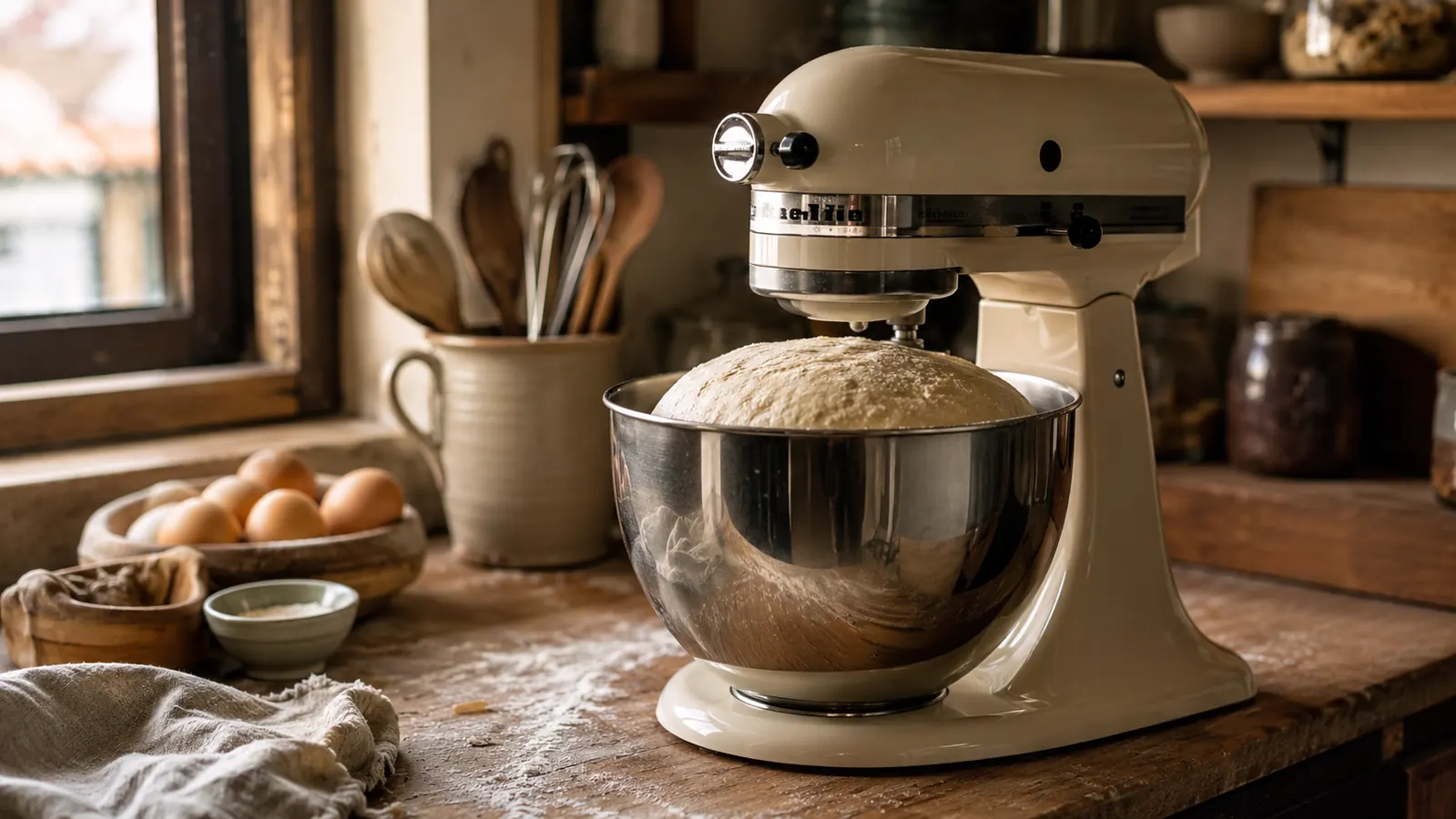 KitchenAid Artisan stand mixer on a flour-dusted kitchen counter with a bowl of risen bread dough, warm morning light through a window