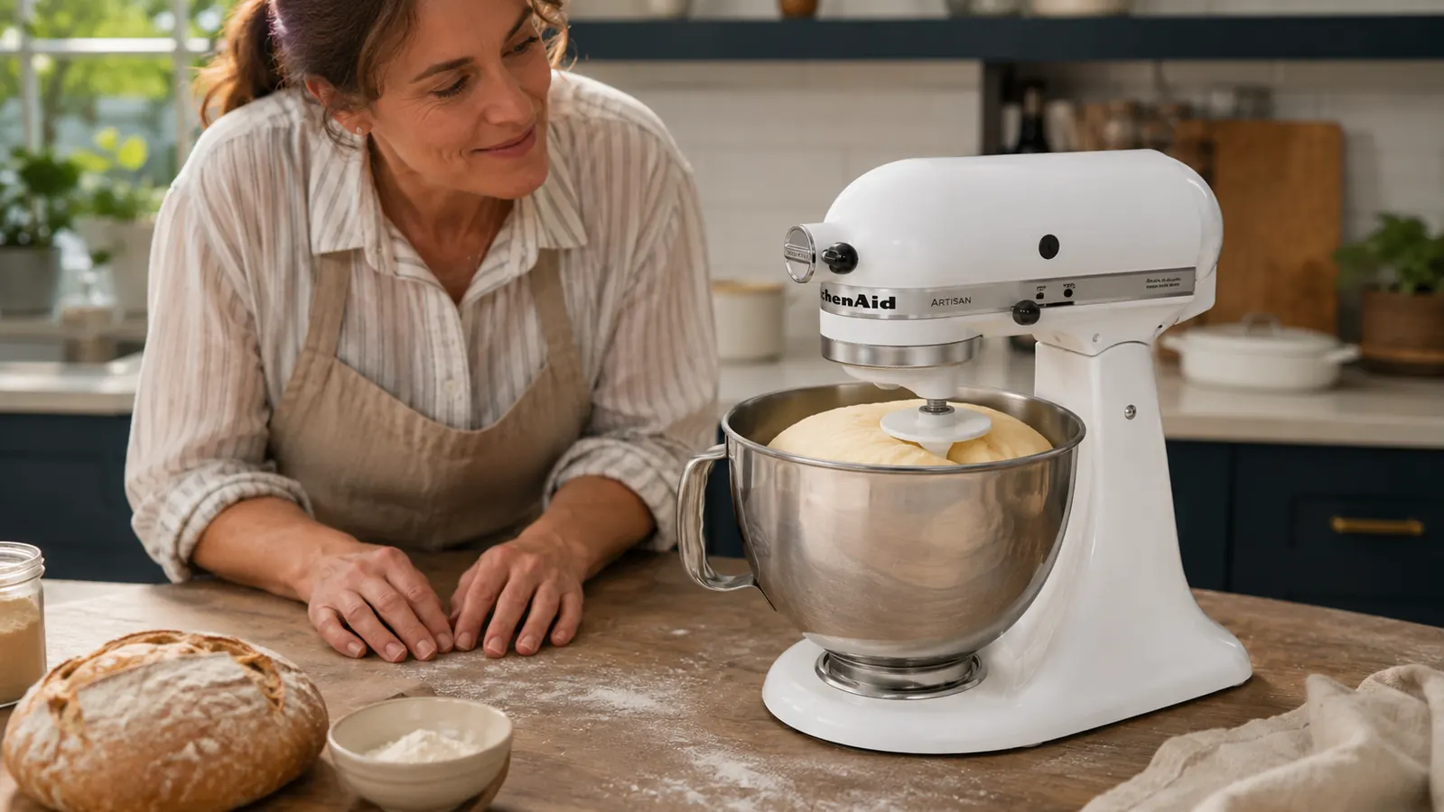 Home baker using the KitchenAid Artisan to mix bread dough, dough hook engaged, bowl full