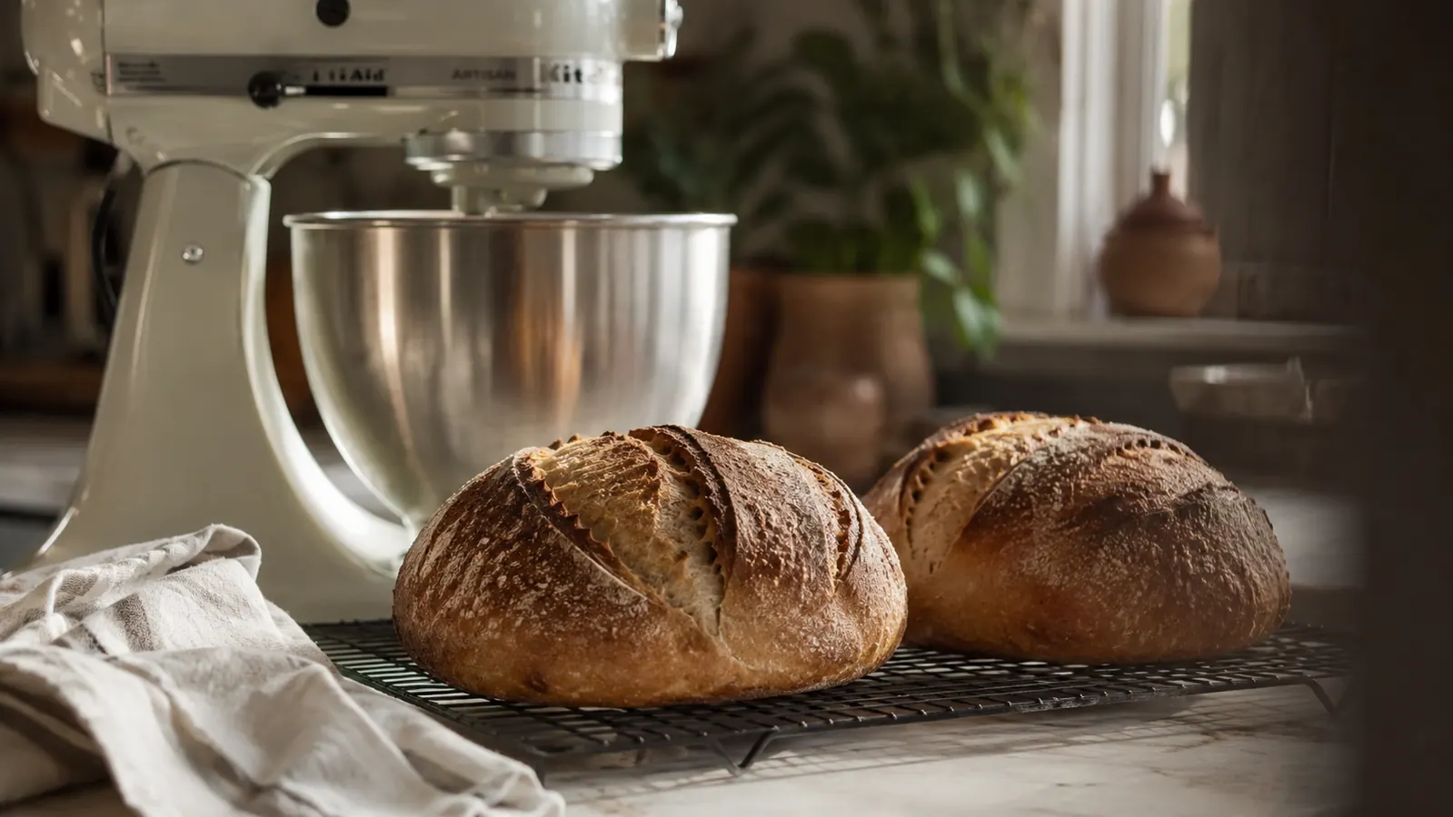 Baked loaves of bread cooling on a rack next to the KitchenAid Artisan stand mixer