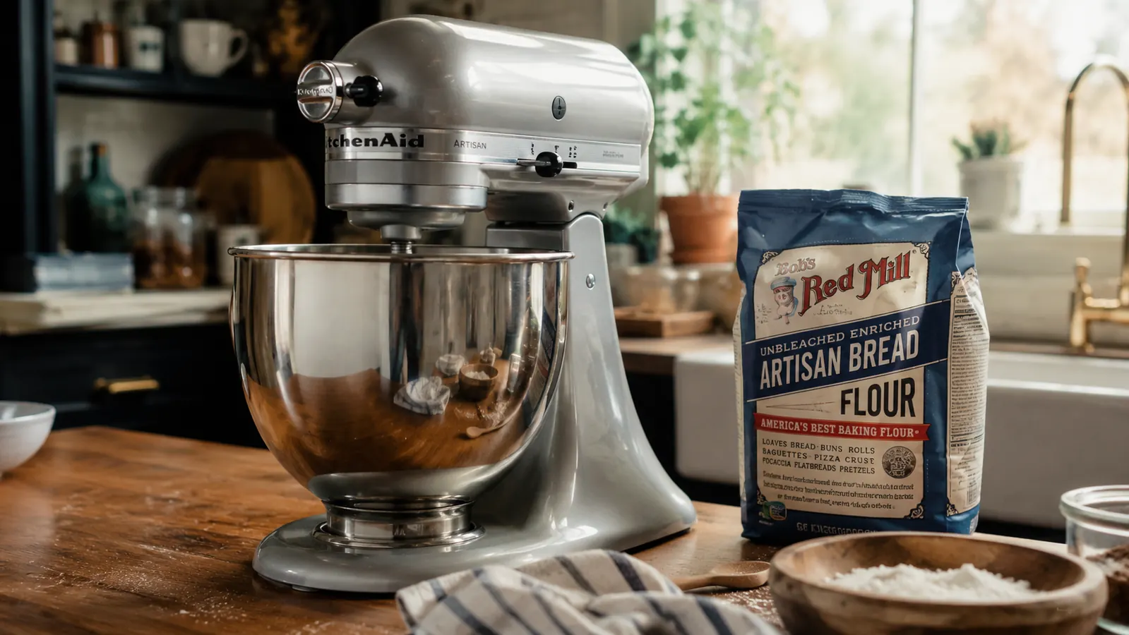 KitchenAid Artisan stand mixer on a kitchen counter next to a bag of bread flour and a mixing bowl