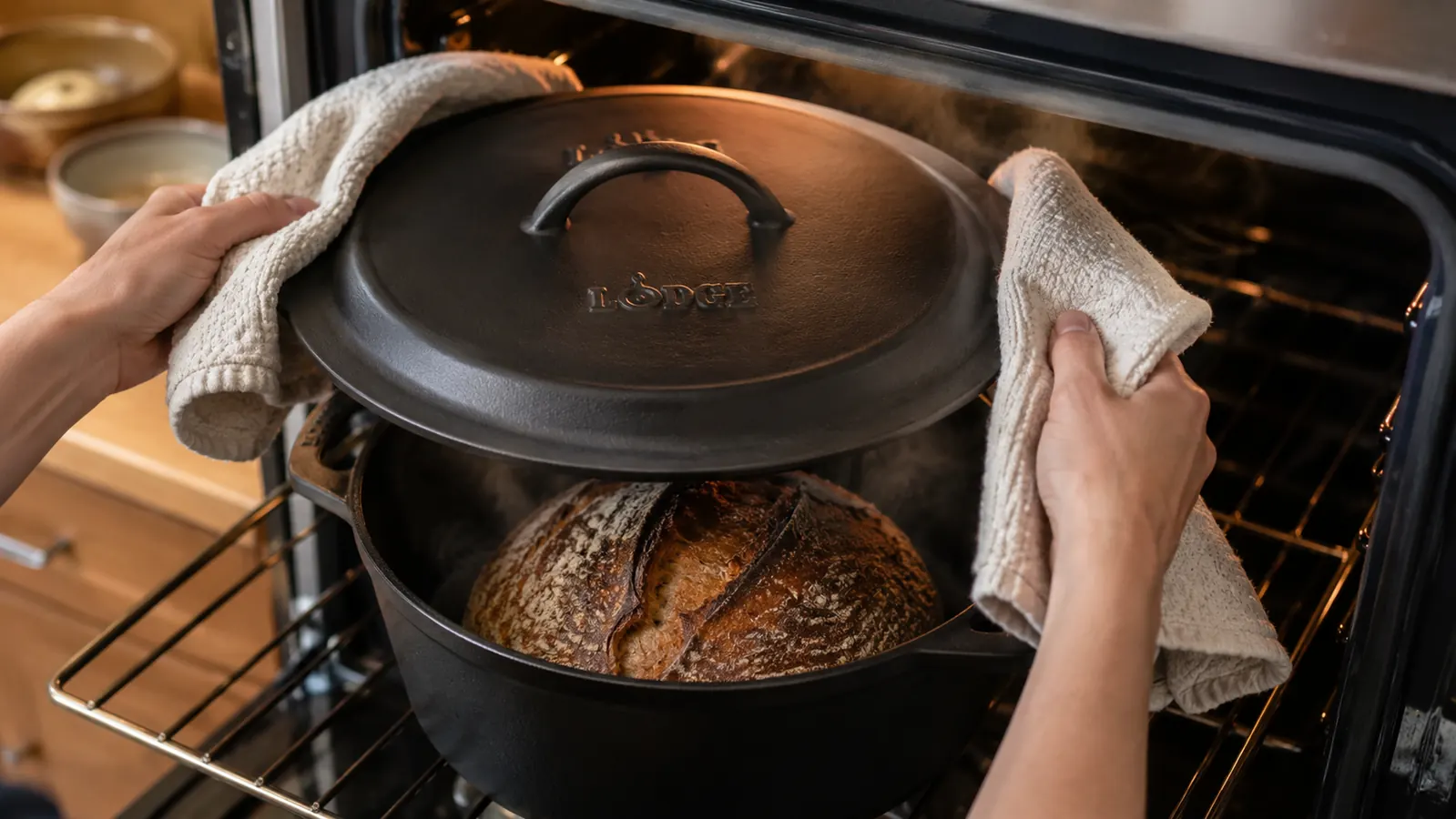 Baker lifting the Lodge Dutch oven lid with a folded kitchen towel, steam rising from a baked sourdough loaf inside