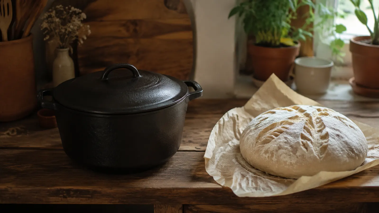 Lodge Cast Iron Double Dutch Oven sitting on a worn wooden kitchen counter next to a scored sourdough loaf on parchment, morning light through a window