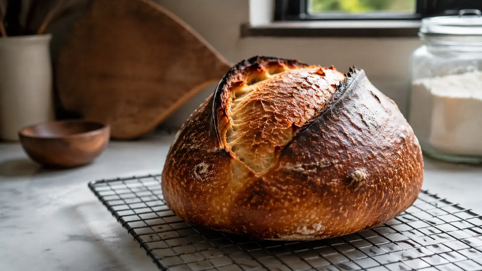 Finished sourdough loaf with a dark crackled crust and open ear resting on a wire cooling rack