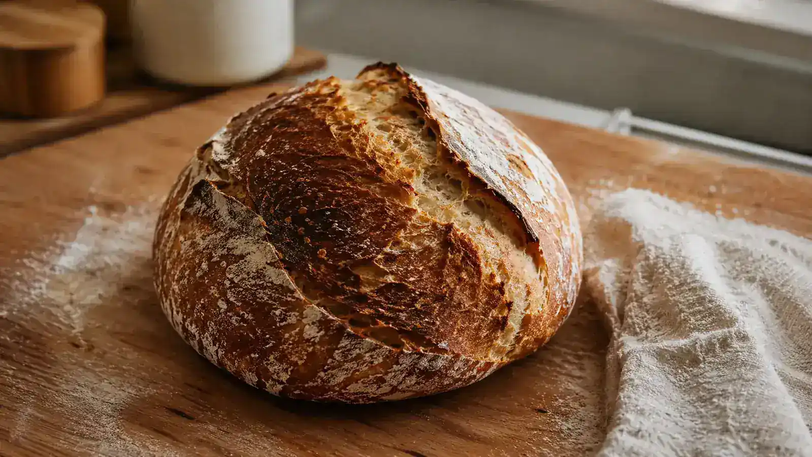 A golden-brown sourdough boule with a dramatic ear sitting on a wood cutting board in a warm kitchen
