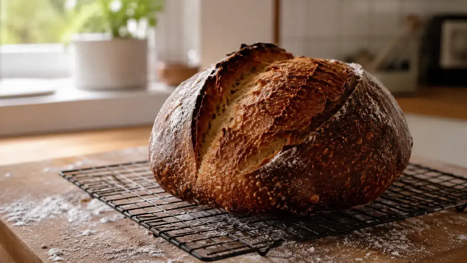 Dark-crusted sourdough loaf with an open ear and blistered crust cooling on a wire rack