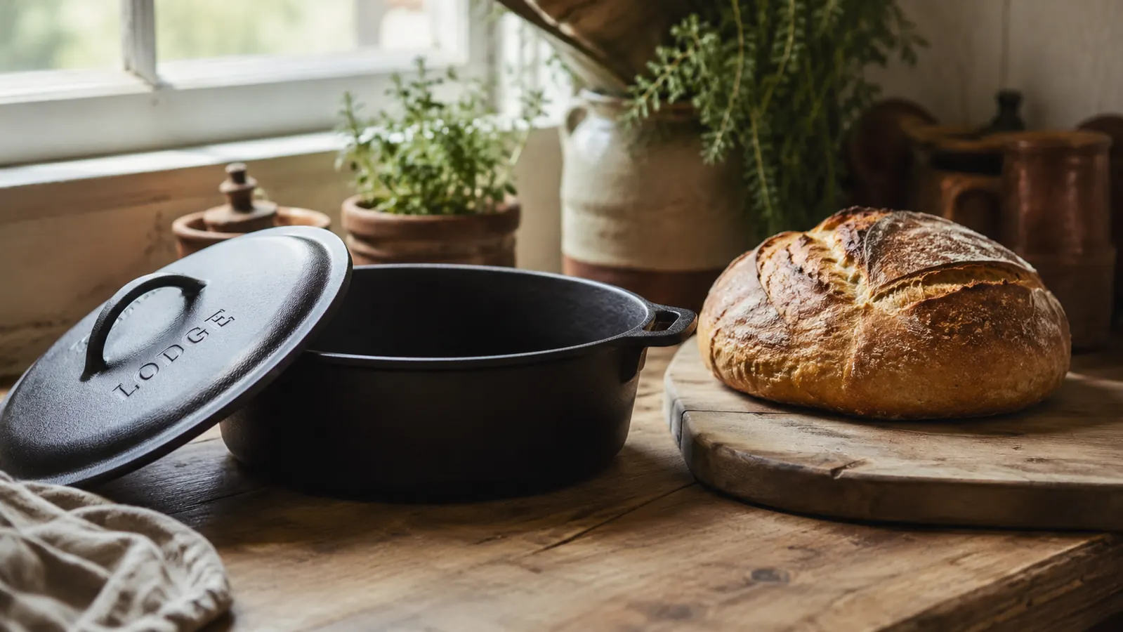 Lodge cast iron double Dutch oven beside a freshly baked sourdough loaf on a wooden cutting board